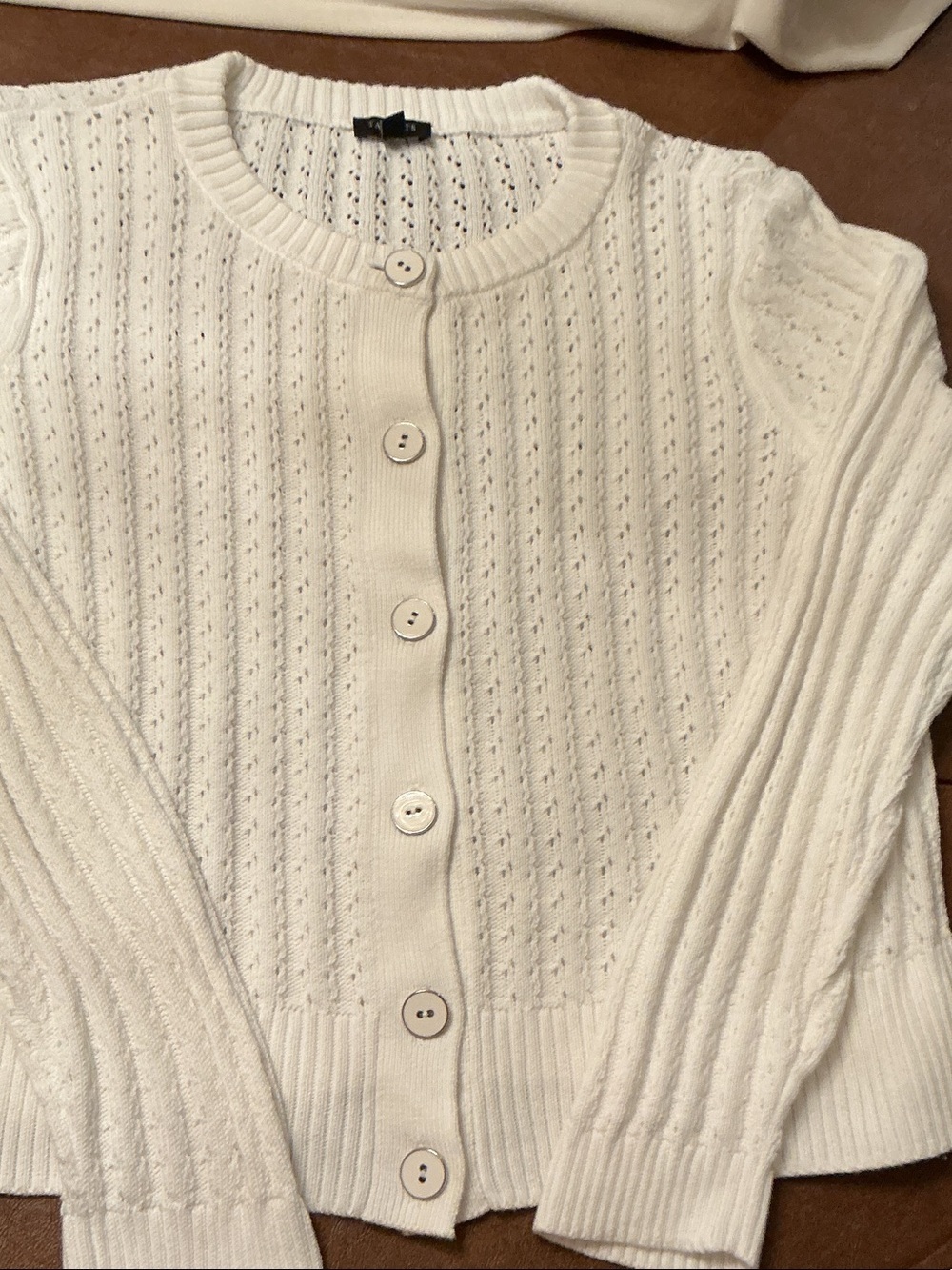 Talbots Petites Sz XL P Button-Front Open Knit Cotton Cardigan White Round Neck - Picture 9 of 9
